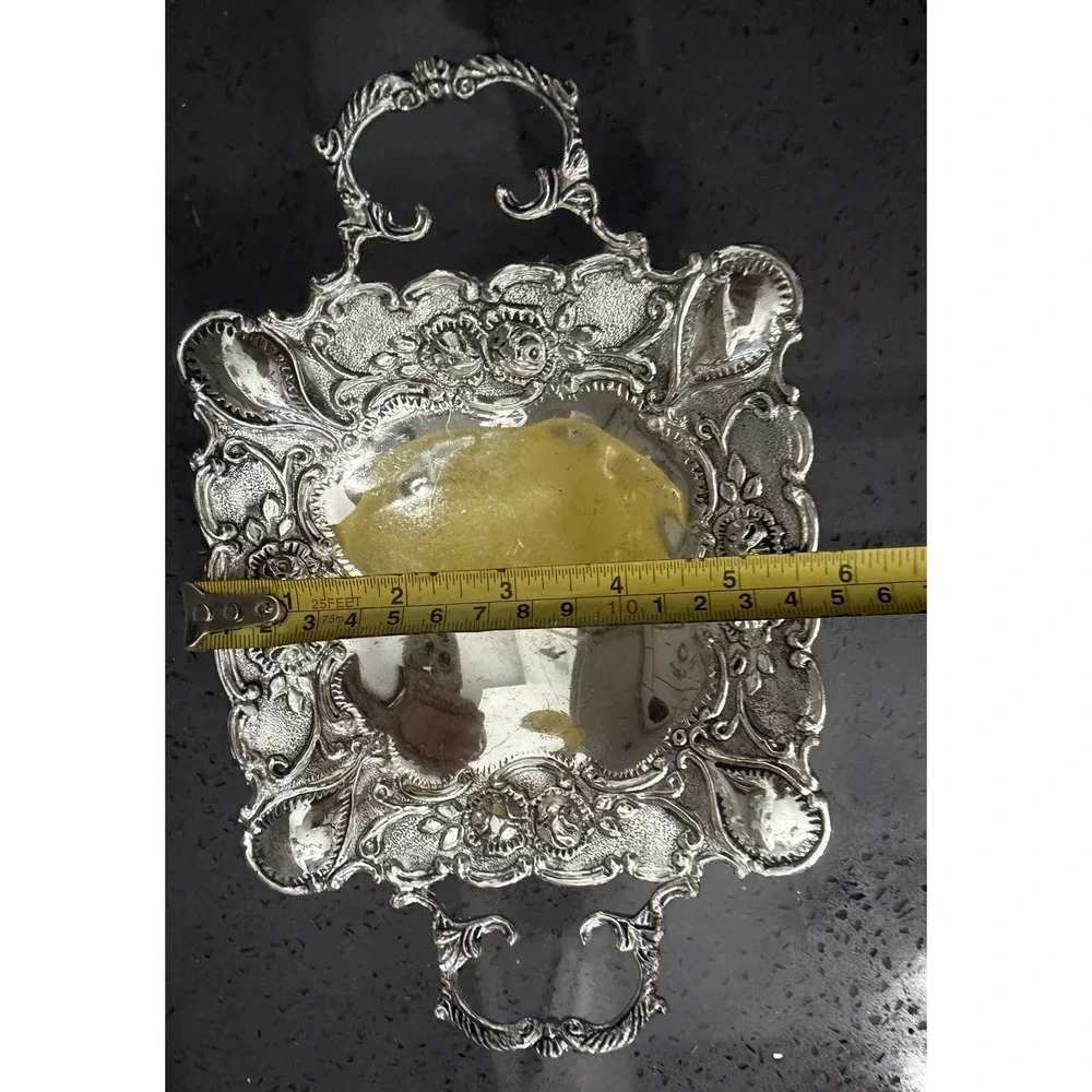 Vtg Silver Plated Tri-foot Footed Candy Dish / Tray Handles Roses